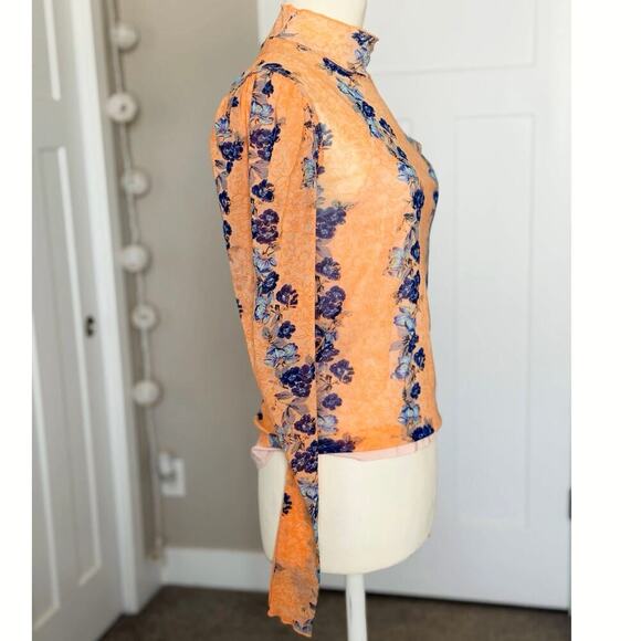 Free People Womens Blouses Orange Floral Printed  Size XS Mesh - Picture 5 of 10